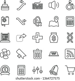 thin line vector icon set - add bookmark vector, keyboard, plus, silent mode, rss feed, abacus, bell, dust bin, volume, move right, birthday cake, fan screw, money, calculator, pc power supply, dna