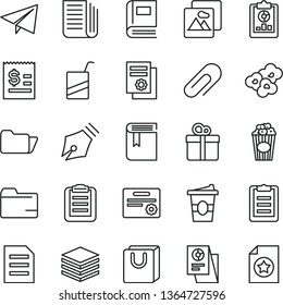 thin line vector icon set - clip vector, paper airplane, folder, book, e, picture, pile, bag with handles, gift, popcorn, cup of, coffe to go, statistical overview, article on the dollar, research