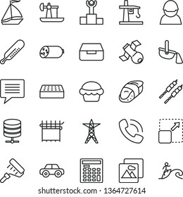 thin line vector icon set - image of thought vector, mercury thermometer, motor vehicle, paint roller, brick, picture, big data server, drawer, expand, sausage, cake, barbecue, sushi, oil derrick