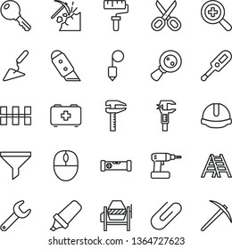 thin line vector icon set - paint roller vector, scissors, zoom, electronic thermometer e, bag of a paramedic, building trowel, concrete mixer, cordless drill, ladder, construction level, helmet