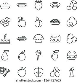 thin line vector icon set - cake vector, piece of cheese, mini hot dog, big burger, slices onion, apple pie, porridge, a plate milk, Chupa Chups, sushi set, popcorn, fried egg, cherry, peach, quince