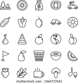 thin line vector icon set - wicker pot vector, pennant, stacking toy, peper, cup of tea, apple, pear, apricot, strawberry, slice water melon, passion fruit, kiwi, half, pineapple, tomato, onion