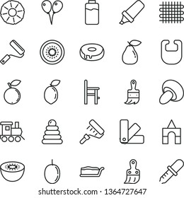 thin line vector icon set - bib vector, stacking rings, a chair for feeding, baby toy train, box of bricks, colored air balloons, new roller, paint, color samples, plastic brush, wooden, porcini