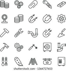 thin line vector icon set - clip vector, iron fork spoons, trowel, ladder, sewerage, knife, stationery, hammer, with claw, strongbox, coins, water pipes, gear, magnet, horseshoe, welding, gears, cup
