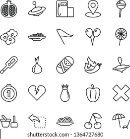 thin line vector icon set - wind direction indicator vector, cross, electronic thermometer e, tumbler, toy sand set, yule, small, colored air balloons, broken heart, move left, onion, slices of, hot