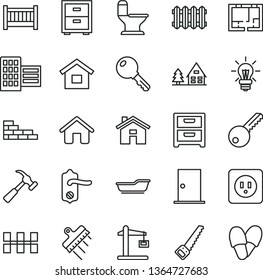 thin line vector icon set - house vector, bedside table, baby cot, bath, dwelling, brick wall, arm saw, comfortable toilet, lay out of flat, power socket type b, key, door knob, ntrance, city block