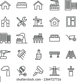 thin line vector icon set - box of bricks vector, house, dwelling, building trolley, concrete mixer, window, small tools, cordless drill, paint roller, wooden brush, ladder, buildings, city block