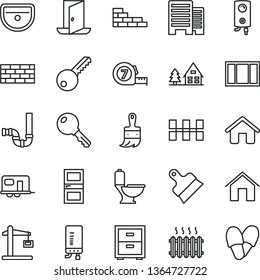 thin line vector icon set - bedside table vector, house, brickwork, brick wall, window frame, long meashuring tape, wooden paint brush, sink, toilet, siphon, key, interroom door, buildings, boiler