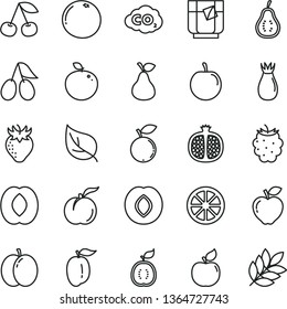 thin line vector icon set - a glass of tea vector, pear, cherry, ripe peach, apple, half pomegranate, apricot, red, plum, strawberry, rose hip, cornels, blackberry, blueberry, tasty, juicy lemon