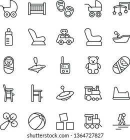 thin line vector icon set - baby cot vector, toys over the, feeding bottle, rattle, chair, car child seat, stroller, carriage, bath ball, children's bathroom, motor vehicle present, roly poly doll
