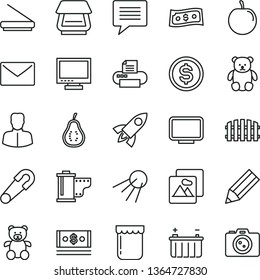 thin line vector icon set - image of thought vector, monitor, camera roll, safety pin, teddy bear, small, fence, envelope, picture, artificial satellite, jam, tasty plum, part guava, battery, woman