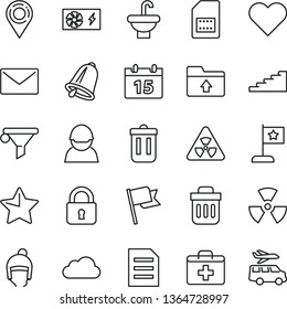 thin line vector icon set - first aid kit vector, upload folder, winter hat, washbasin, bell, calendar, envelope, lock, star, heart, flag, racer, SIM card, location, water filter, pc power supply