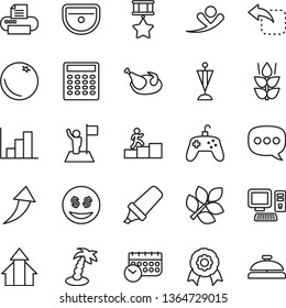 thin line vector icon set - negative histogram vector, sink, move left, chicken, orange, mint, text highlighter, schedule, speech, computer, printer, joystick, calculator, medal, biology, pennant