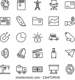thin line vector icon set - loudspeaker vector, remove label, movie cracker, pie chart, line, folder bookmark, book, crane, knife, bell, pass card, delivery, power, billboard, get a wage, chair