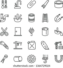 thin line vector icon set - scissors vector, iron fork spoons, crane, tower, hook, winch, adjustable wrench, hand saw, stepladder, ntrance door, gear, knife, stationery, kitchen faucet, clip, tin