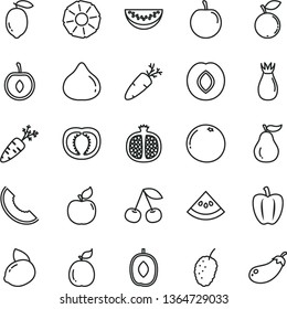 thin line vector icon set - carrot vector, cherry, half pomegranate, apricot, plum, rose hip, fig, blueberry, tasty mulberry, slice of melon, delicious, water, lemon, yellow, guava, pineapple, ripe