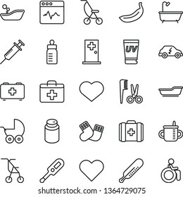 thin line vector icon set - heart symbol vector, first aid kit, mug for feeding, bottle, powder, baby stroller, summer, sitting, electronic thermometer e, mercury, children's bathroom, bath, medical