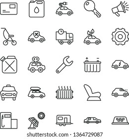 thin line vector icon set - truck lorry vector, car child seat, summer stroller, motor vehicle present, key, pass card, delivery, big solar panel, modern gas station, battery, canister, of oil, horn