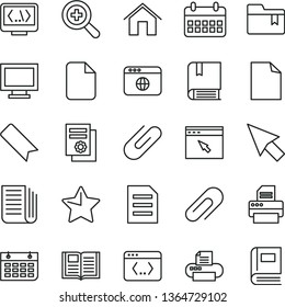 thin line vector icon set - monitor window vector, clip, bookmark, clean sheet of paper, zoom, folder, e, home, star, book, scientific publication, calendar, wall, newspaper, printer, browser, file