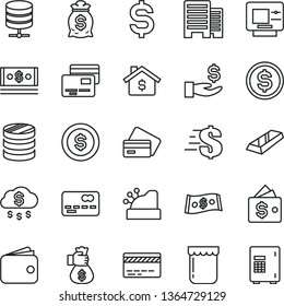 thin line vector icon set - bank card vector, dollar, buildings, big data server, cards, jam, front of the, column coins, denomination, get a wage, wallet, cash, cashbox, gold bar, money bag hand