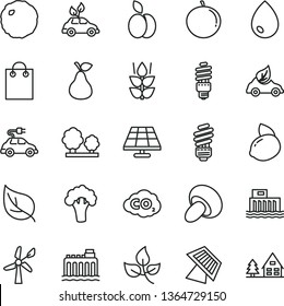 thin line vector icon set - saving light bulb vector, drop, porcini, cabbage, apple, pear, mint, tangerine, yellow lemon, broccoli, solar panel, leaves, leaf, wind energy, hydroelectric station, bag