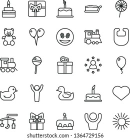 thin line vector icon set - heart symbol vector, toys over the cradle, bib, rubber duck, baby duckling, teddy bear, toy train, children's, colored air balloons, balloon, cake, gift, slice, torte