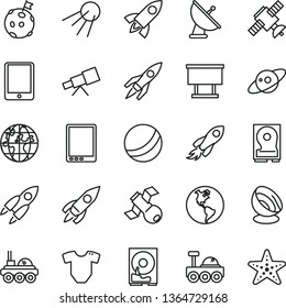 thin line vector icon set - t short vector, bath ball, artificial satellite, planet Earth, billboard, rocket, space, tablet pc, hdd, telescope, antenna, saturn, lunar rover, flag on moon, starfish