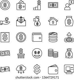 thin line vector icon set - purse vector, coins, column of, denomination the dollar, financial item, catch a coin, wallet, money, dollars, bag hand, rain, mortgage, pedestal, eyes, growth, mail, atm