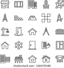 thin line vector icon set - house vector, dwelling, brick wall, window, frame, ntrance door, buildings, city block, tile, fence, paving slab, home, industrial enterprise, Construction crane, 3d cube