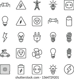 thin line vector icon set - danger of electricity vector, saving light bulb, power socket type b, f, lightning, fan screw, charge level, charging battery, line, plug, energy, electric car, processor