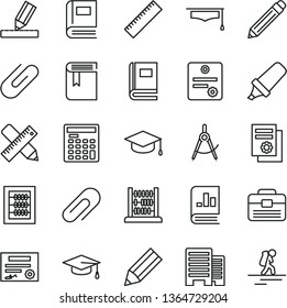 thin line vector icon set - clip vector, graphite pencil, yardstick, book, new abacus, portfolio, buildings, writing accessories, drawing, square academic hat, scribed compasses, text highlighter
