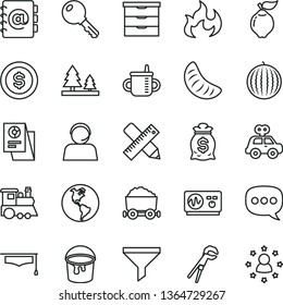 thin line vector icon set - storage unit vector, mug for feeding, motor vehicle present, children's train, adjustable wrench, paint bucket, writing accessories, key, address book, quince, forest