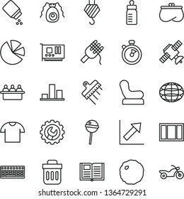 thin line vector icon set - growth chart vector, feeding bottle, baby powder, chair, hook, window frame, spatula, gear, book, T shirt, spaghetti, cabbage, Chupa Chups, court hearing, globe, purse