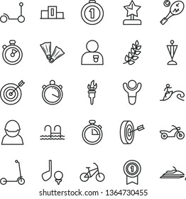 thin line vector icon set - stopwatch vector, Kick scooter, child, racer, flame torch, winner, laurel branch, pedestal, star reward, man with medal, pennant, target, purpose, first place, bike, pool