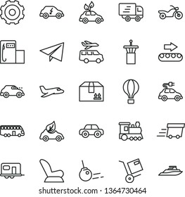 thin line vector icon set - truck lorry vector, paper airplane, car child seat, motor vehicle, core, cardboard box, shipment, modern gas station, production conveyor, eco, electric, retro, plane