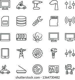 thin line vector icon set - monitor vector, window, drill, star gear, screen, manufacture, power pole, conveyor, eco car, environmentally friendly transport, SIM card, steel repair key, caliper, sd