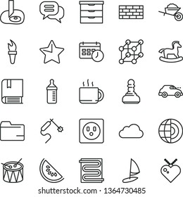 thin line vector icon set - folder vector, storage unit, measuring bottle for feeding, small rocking horse, drum, e, brickwork, garden trolley, heating coil, star, cup of tea, slice water melon