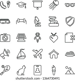 thin line vector icon set - delete page vector, onion, microscope, glasses, bactery, graduate hat, robot, sun panel, presentation board, resistor, flame torch, bus, sail boat, identity card, plane
