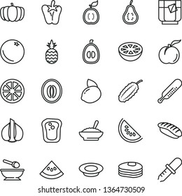 thin line vector icon set - mercury thermometer vector, deep plate with a spoon, bowl of buckwheat porridge, milk, peper, japanese sushi, glass tea, pineapple, pancakes, orange, sandwich, ripe peach