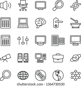 thin line vector icon set - monitor vector, spectacles, calculator, plates and spoons, door knob, city block, volume, suitcase, planet Earth, globe, computer, notebook pc, speaker, magnifier, chair