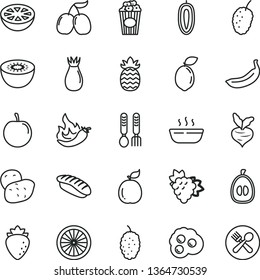 thin line vector icon set - iron fork spoons vector, hot porridge, japanese sushi, cup of popcorn, omelette, branch grape, raspberry, rose hip, mulberry, tasty, cornels, half loquat, plum, banana
