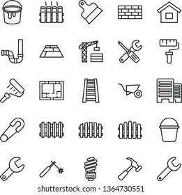 thin line vector icon set - paint roller vector, repair key, safety pin, tower crane, dwelling, brickwork, building trolley, small tools, bucket, stepladder, siphon, lay out of flat, buildings, new