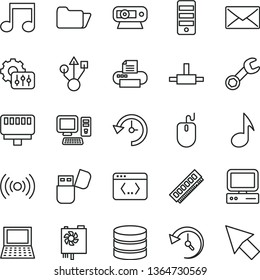 thin line vector icon set - computer vector, notebook pc, mouse, power supply, tower, memory, web camera, usb, printer, flash, folder, connect, coding, lan connector, wireless, note, big data, mail