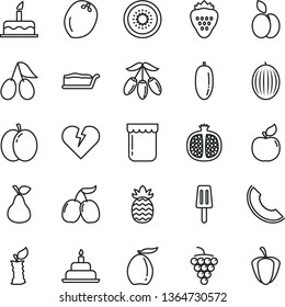 thin line vector icon set - cake vector, birthday, broken heart, slice, popsicle, jam, strawberry, apple, pear, half pomegranate, large grape, apricot, cornels, tasty, melon, of, loquat, goji berry