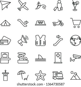 thin line vector icon set - earth vector, plane, train, taxi, hang glider, motorcycle, airport tower, escalator, passenger, baggage scanner, credit card, tent, arnchair under umbrella, cocktail