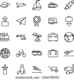 thin line vector icon set - paper airplane vector, baby toy train, building trolley, suitcase, globe, space rocket, planet, saturn, helicopter, earth, plane, camper, bus, sail boat, bike, passenger