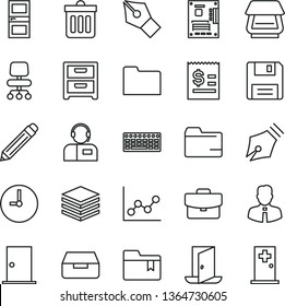 thin line vector icon set - graphite pencil vector, folder, graph, bookmark, ntrance door, interroom, employee, wall clock, dust bin, pile, nightstand, suitcase, drawer, operator, keyboard, scanner