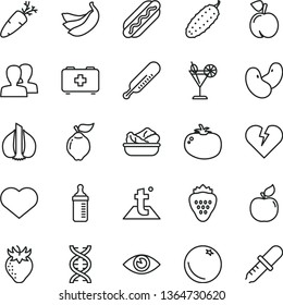 thin line vector icon set - heart symbol vector, women, measuring bottle for feeding, mercury thermometer, bag of a paramedic, temperature, broken, eye, Hot Dog, lettuce in plate, cucumber, tomato