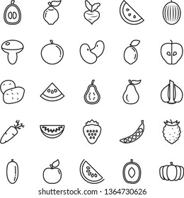 thin line vector icon set - mushroom vector, carrot, strawberry, orange slice, quince, apricot, tasty apple, raspberry, melon, of water, delicious plum, date fruit, tangerine, half loquat, sour lime