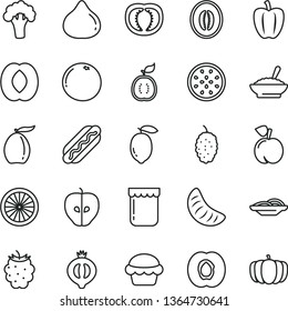 thin line vector icon set - Hot Dog vector, slices of onion, cake, a bowl buckwheat porridge, jam, peach, half apricot, tasty apple, fig, medlar, blackberry, mulberry, loquat, melon, slice tangerine